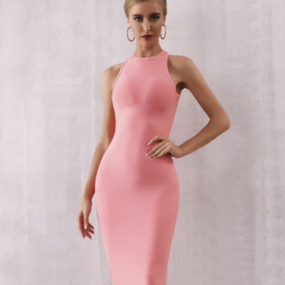 NEW! PINK PEACH CORAL HIGH NECK BANDAGE DRESS - Picture 10 of 14